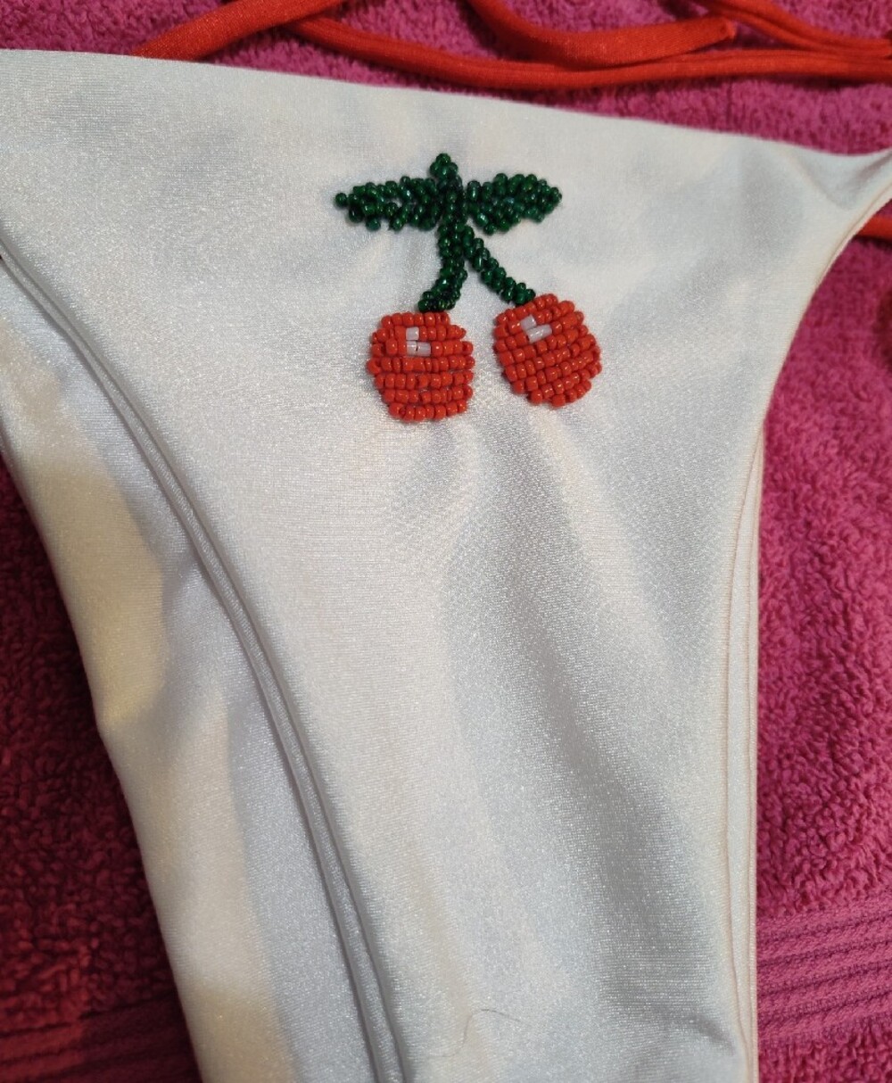 Beach Bunny White & Red Cherry Embellished Triangle Bikini - Picture 2 of 7